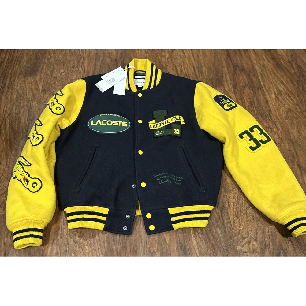 Lacoste Unisex Two Tone Wool Bomber Jacket Navy Blue & Yellow